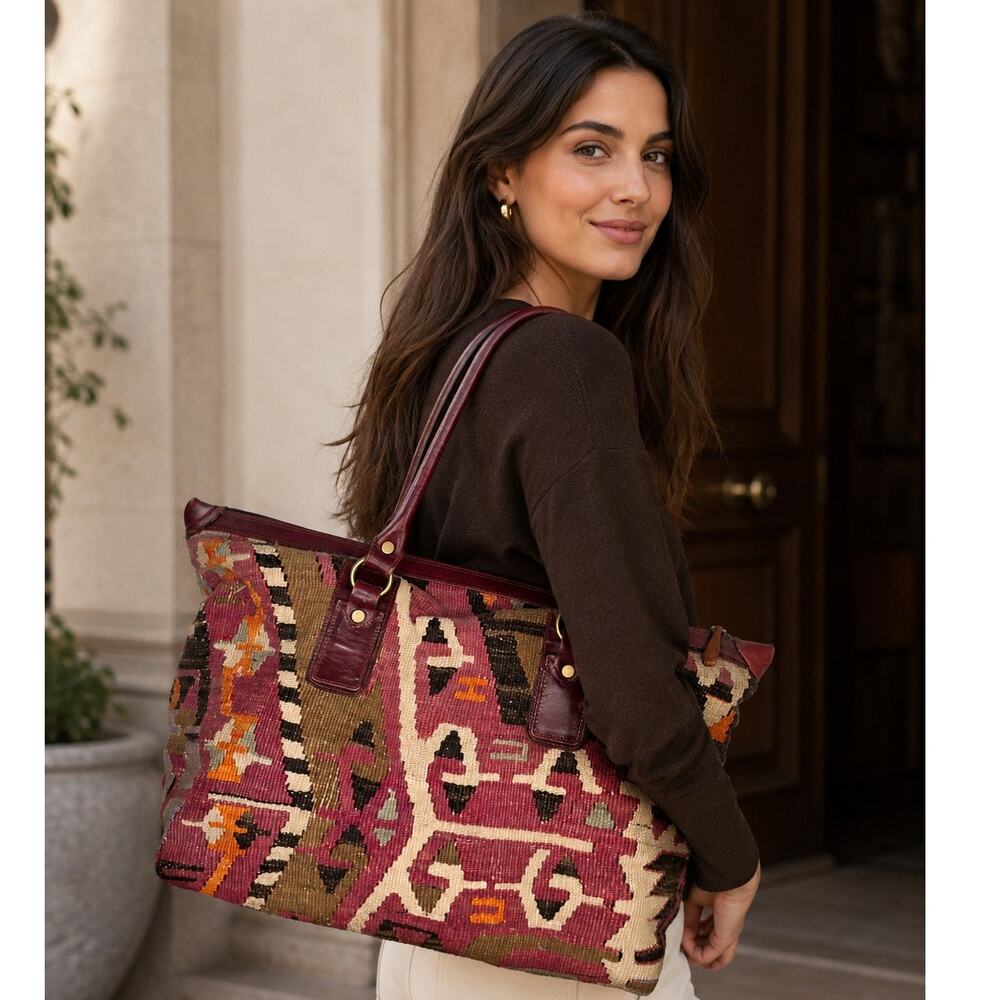 Vintage Kilim Tapestry Shoulder Tote Bag with Burgundy Leather Trim